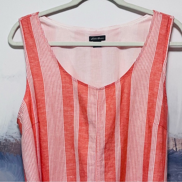 EDDIE BAUER Striped Sleeveless LINEN Blend Dress Tie Waist Orange White Womens L - Picture 3 of 16